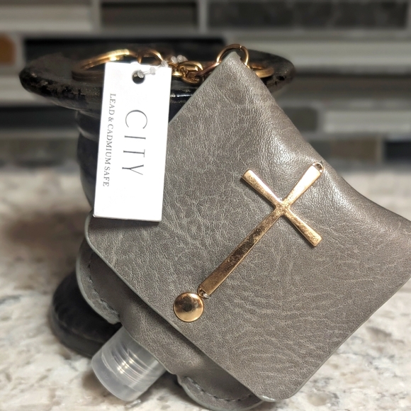 Grey  Leather Cross Hand Sanitizer Holder Keychain - Picture 1 of 5
